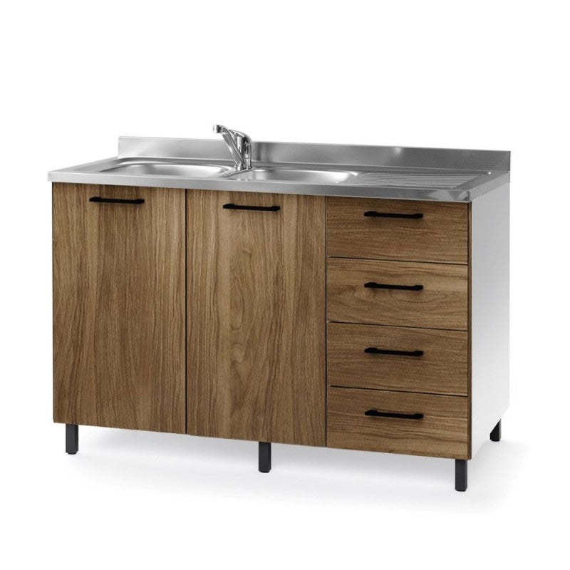 Mobile sottolavello con cassetti colore noce naturale e lavello incluso 120 cm destro