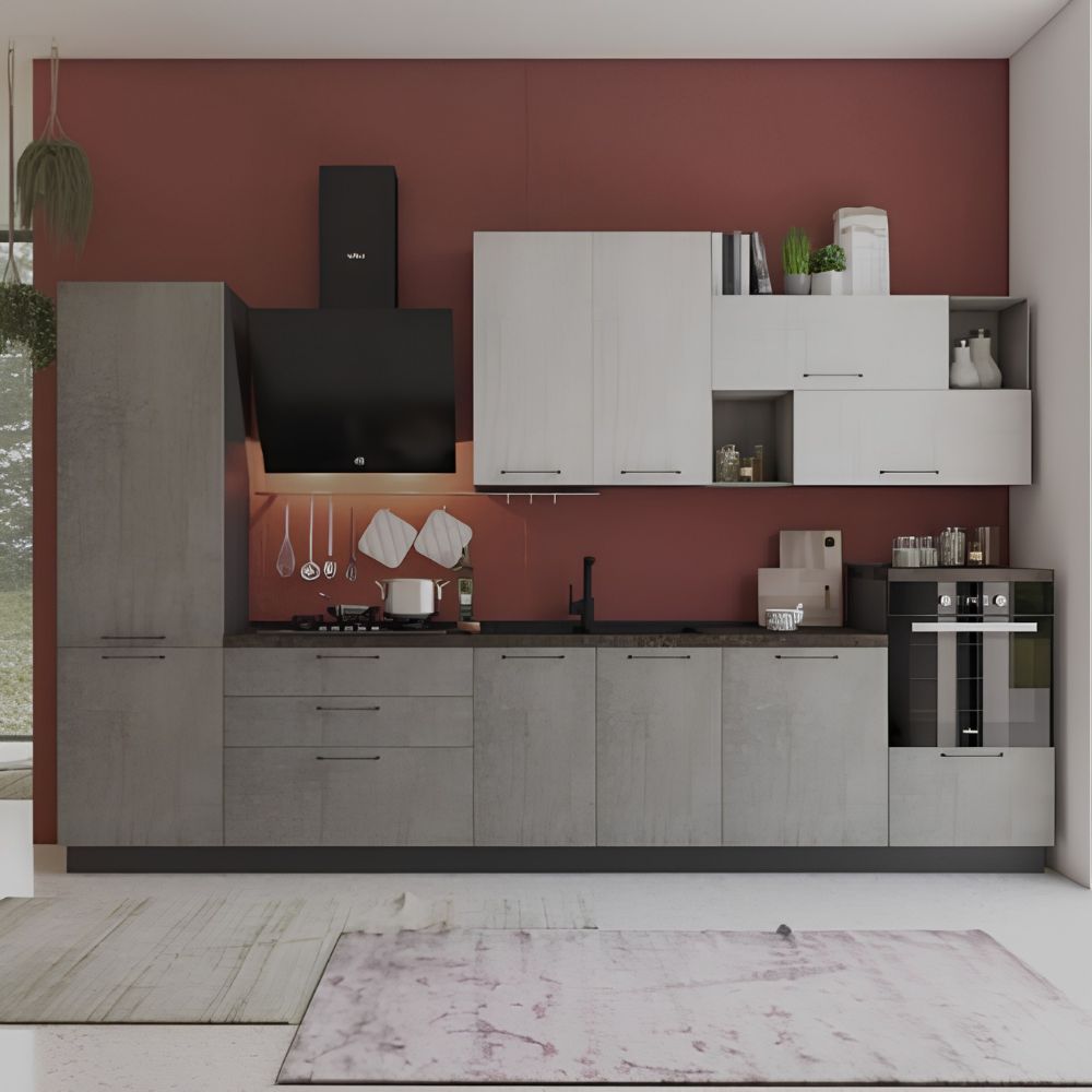 Cuisine complète couleur anthracite et béton avec plan de travail céramique 360 cm gauche - Pola
