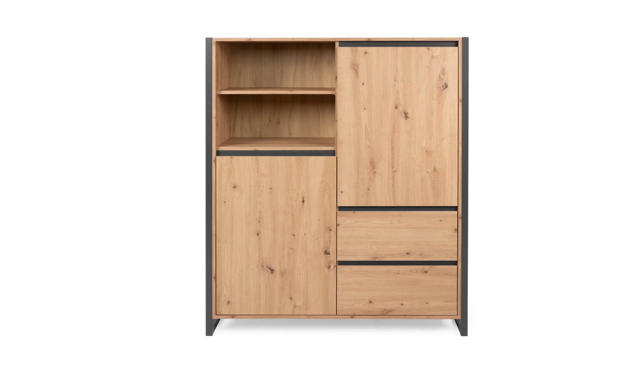 Credenza 120x140h cm con ante e cassetti colore quercia e antracite - Denver 51