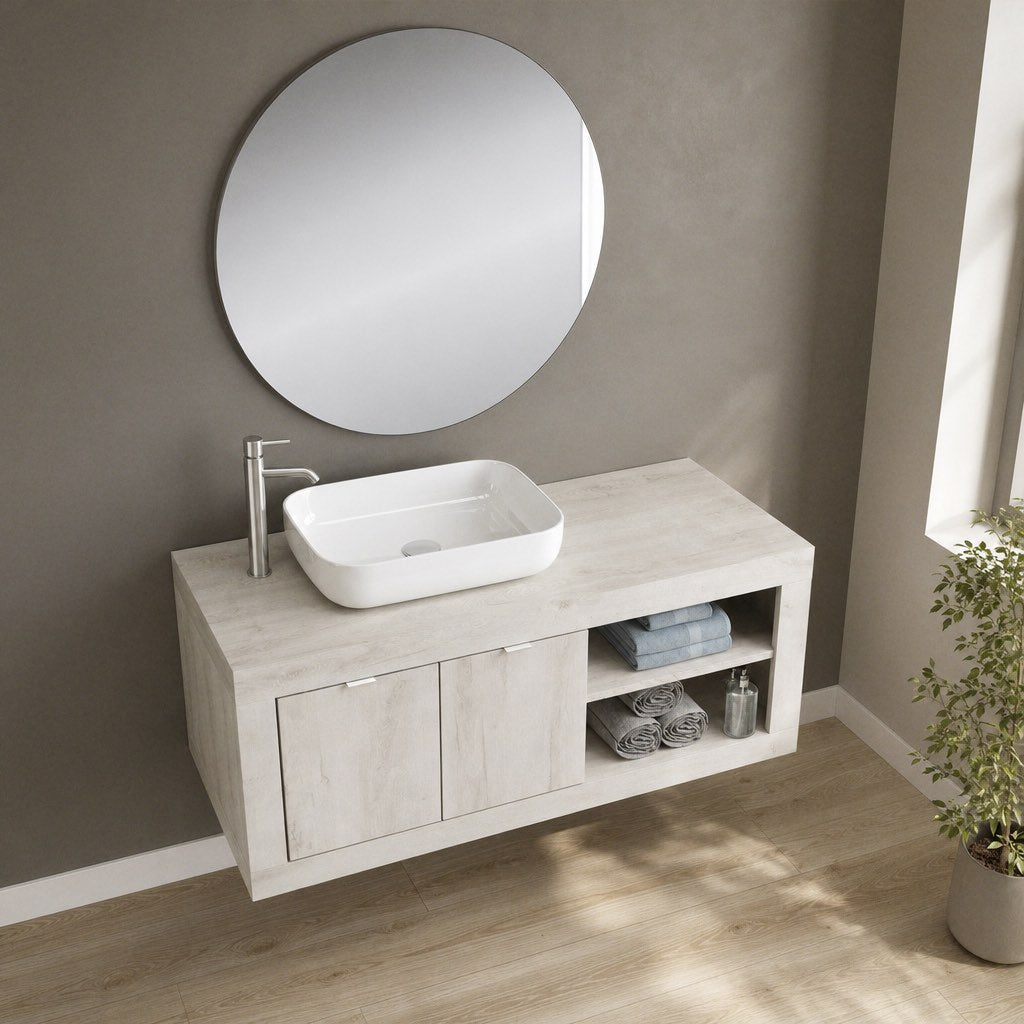 Meuble bas de salle de bain suspendu avec vasque à poser couleur pin blanc 110x47H cm - Bax