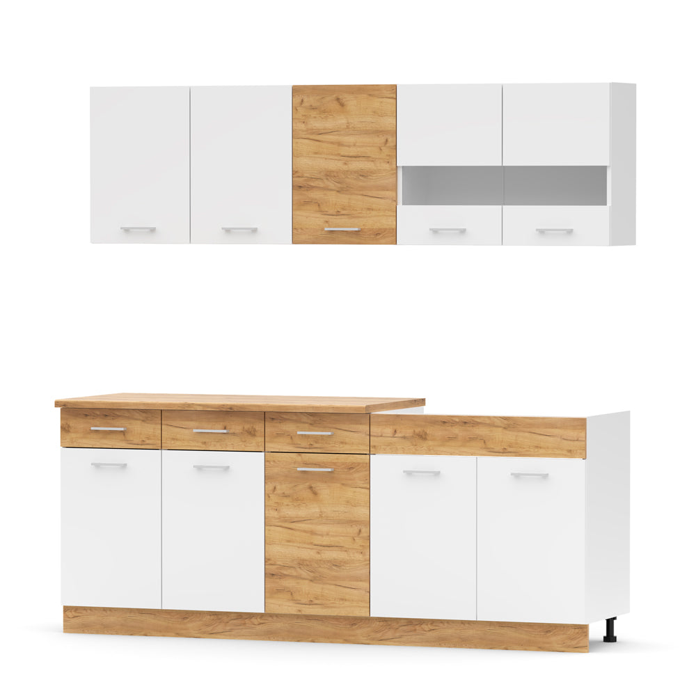 Cucina monoblocco 200 cm con lavello e pensili colore bianco e rovere Erika