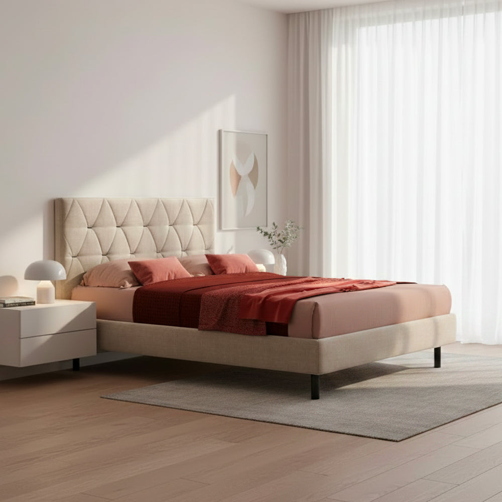 Lit double avec rangement et tête de lit capitonnée couleur beige - Cody