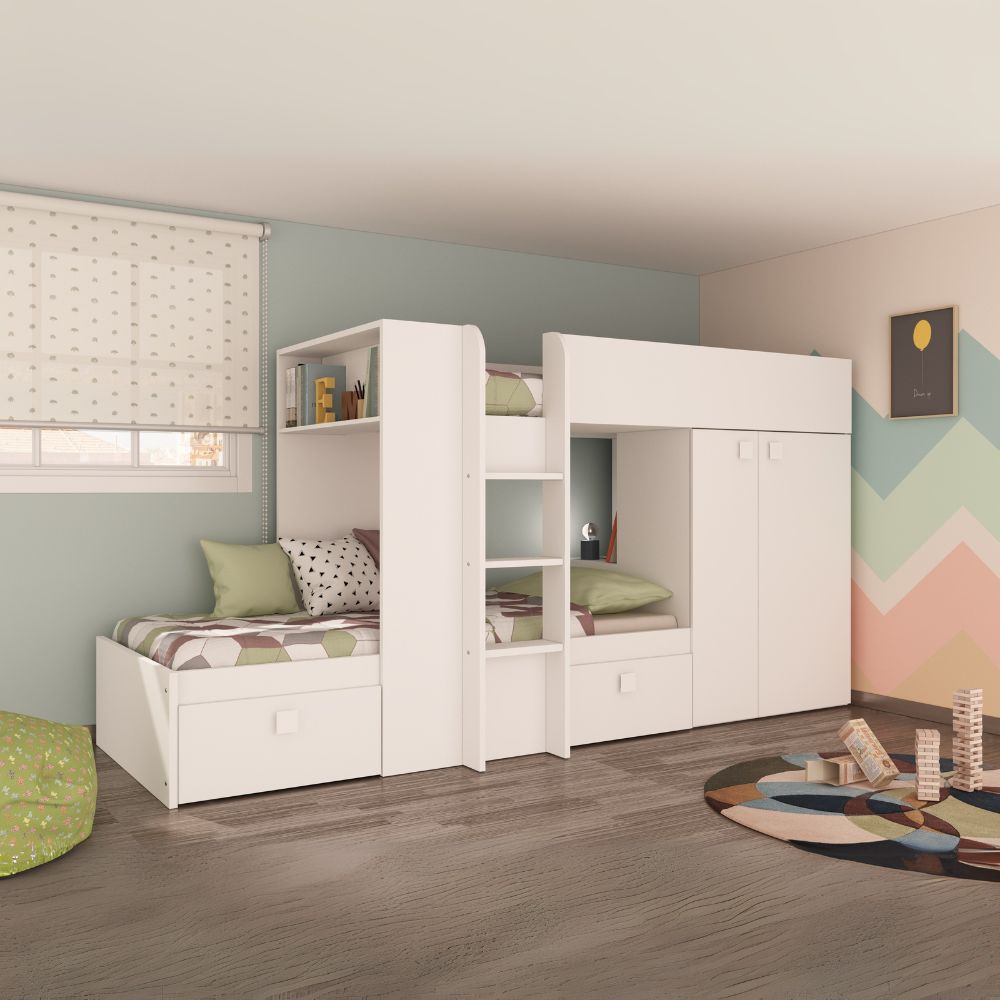 Lit superposé avec armoire et tiroirs couleur blanc 295x110x150H - Witt