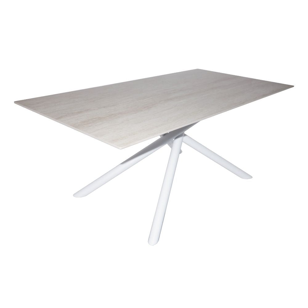 Tavolo fisso con piano effetto marmo travertino e struttura in metallo bianco stile Shangai 180x90 Corveo