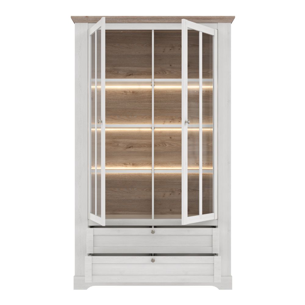 Vetrina 2 ante in vetro, 2 cassetti e luci LED rovere bianco neve e olmo scuro Forma