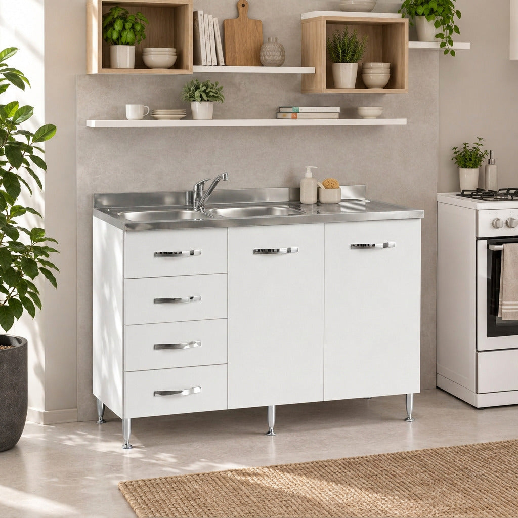 Base sottolavello con cassettiera colore bianco frassinato 120x85H cm destro