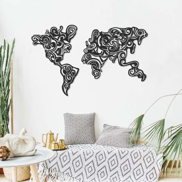Cadre décoratif carte des continents stylisés en métal couleur noire - Tribal