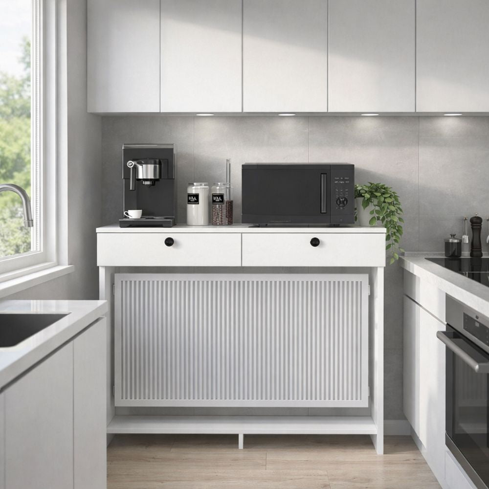 CONSOLE CACHE RADIATEUR OPELYA 130 CM AVEC DEUX TIROIRS COULEUR BLANC