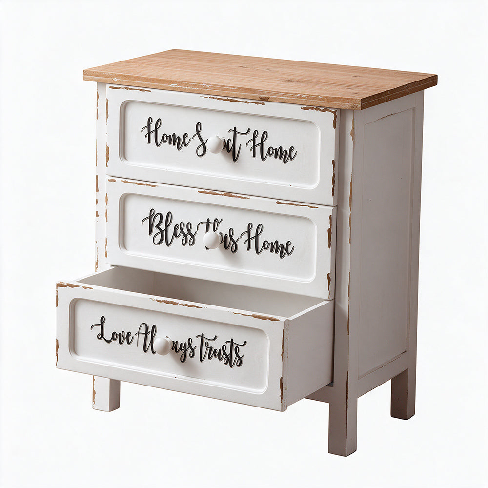 Mobile multiuso shabby chic 3 cassetti colore bianco e top overe H 70 cm Breslavia
