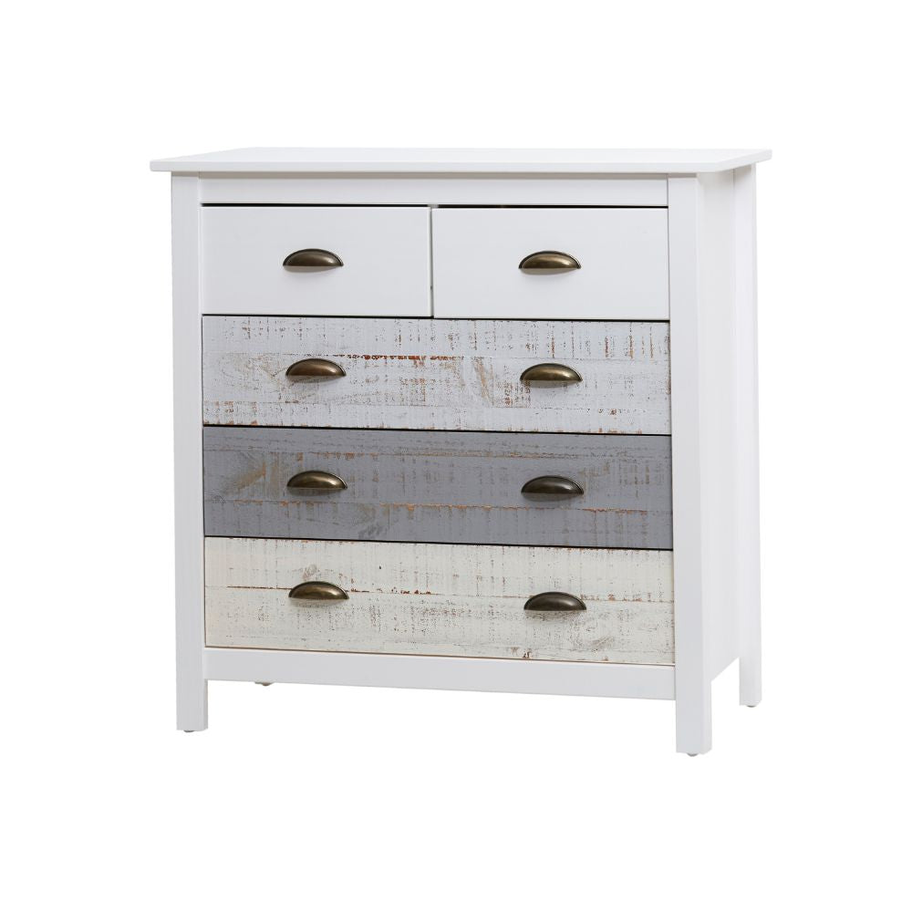Comò in legno massiccio con 5 cassetti colore bianco grigio e crema 79x40x80H cm - Romantica