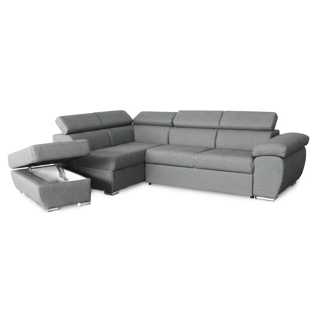 Divano letto angolare con penisola sinistra e pouf contenitore grigio Fiona