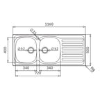 Lavello da incasso monostampo 2 vasche e gocciolatoio destro inox Adriatico116