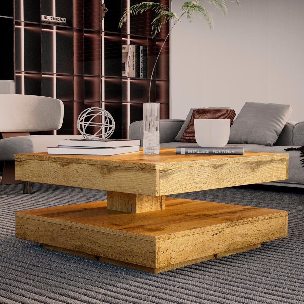 Tavolino da salotto con doppio piano quadrato girevole in rovere wotan 67x67 cm Monolith