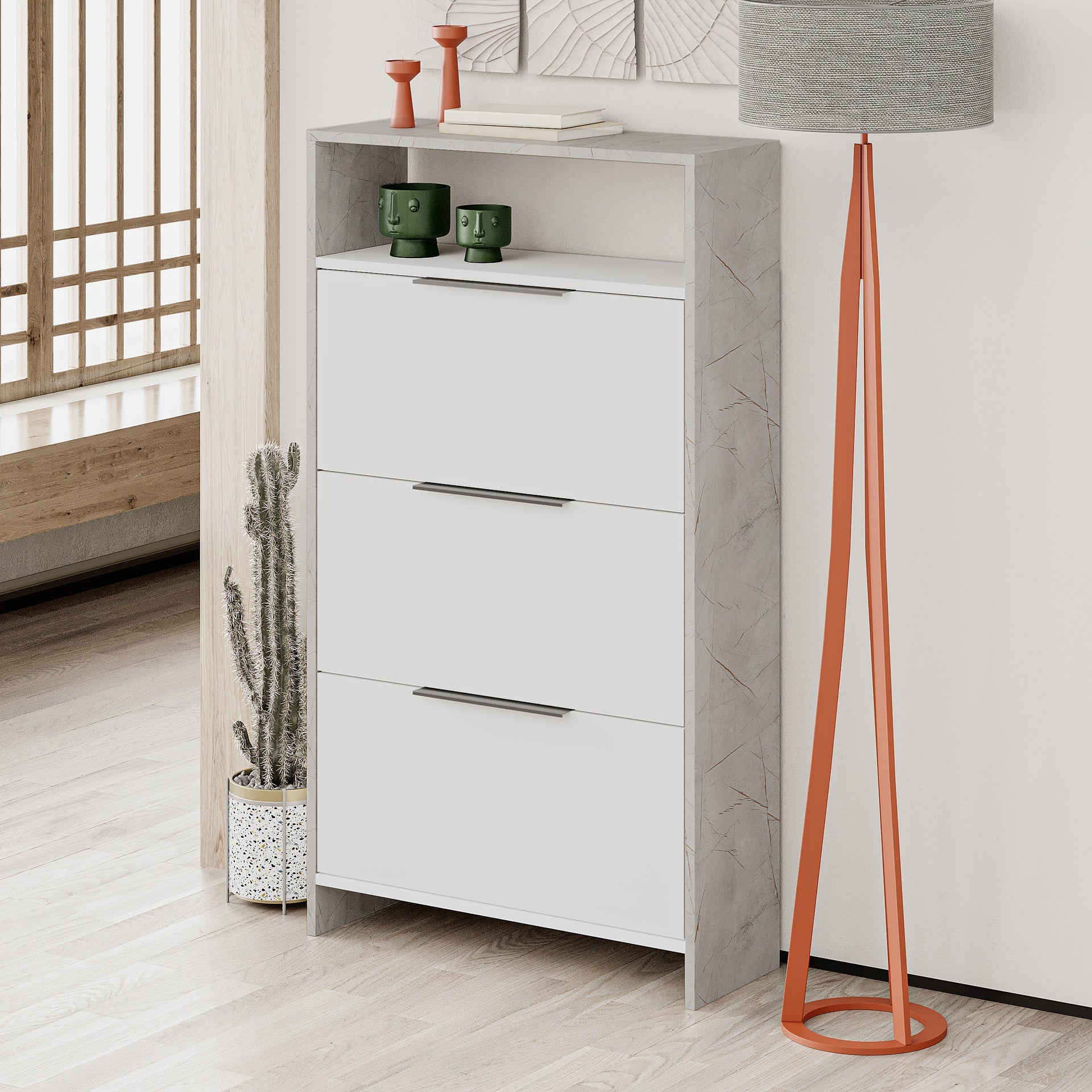 Scarpiera 78x139,2h cm con 3 ante a ribalta colore bianco e struttura effetto marmo grigio - Kaju