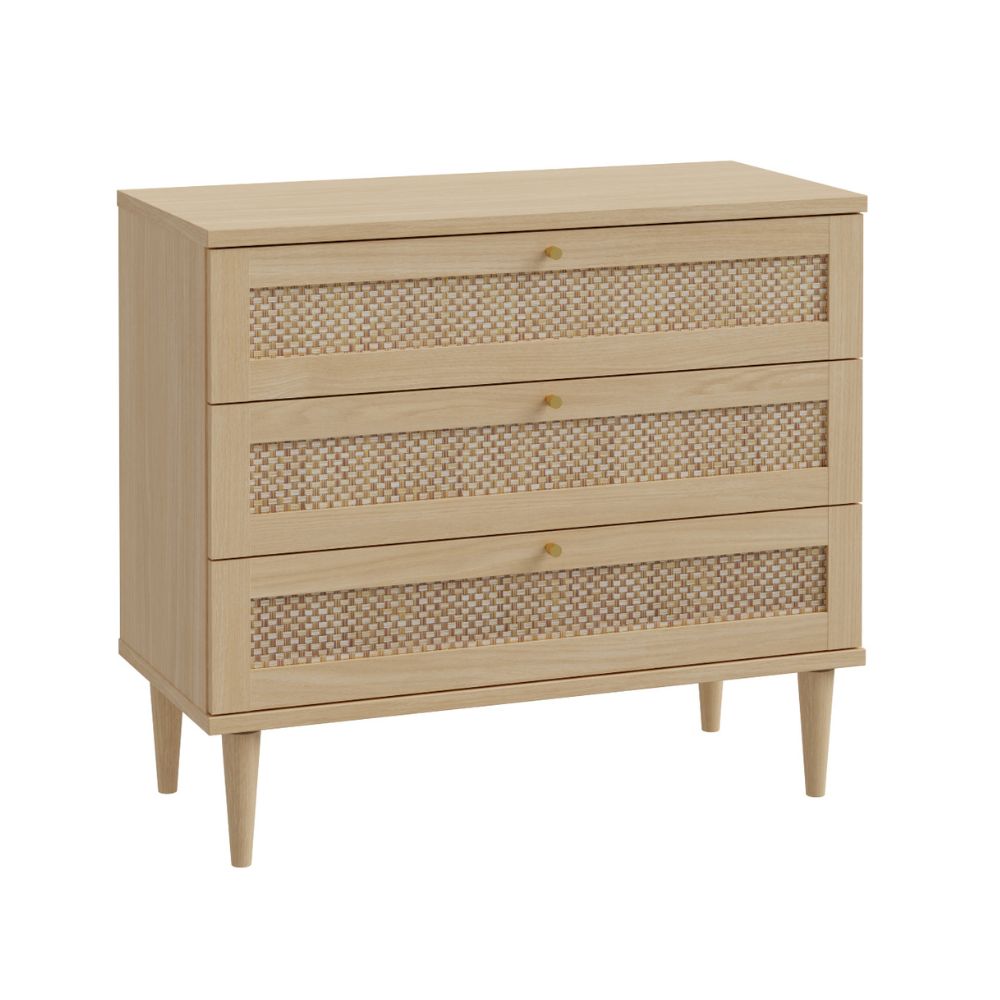 Cassettiera 3 cassetti in rovere con dettagli effetto Rattan 90.4x41.4x80H Livia