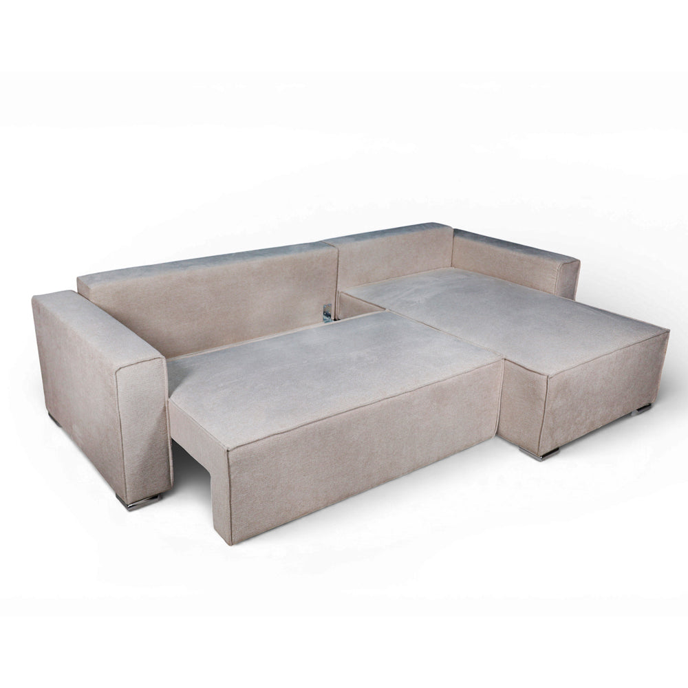 Divano angolare tortora con letto Easy Open, contenitore e penisola reversibile Emily