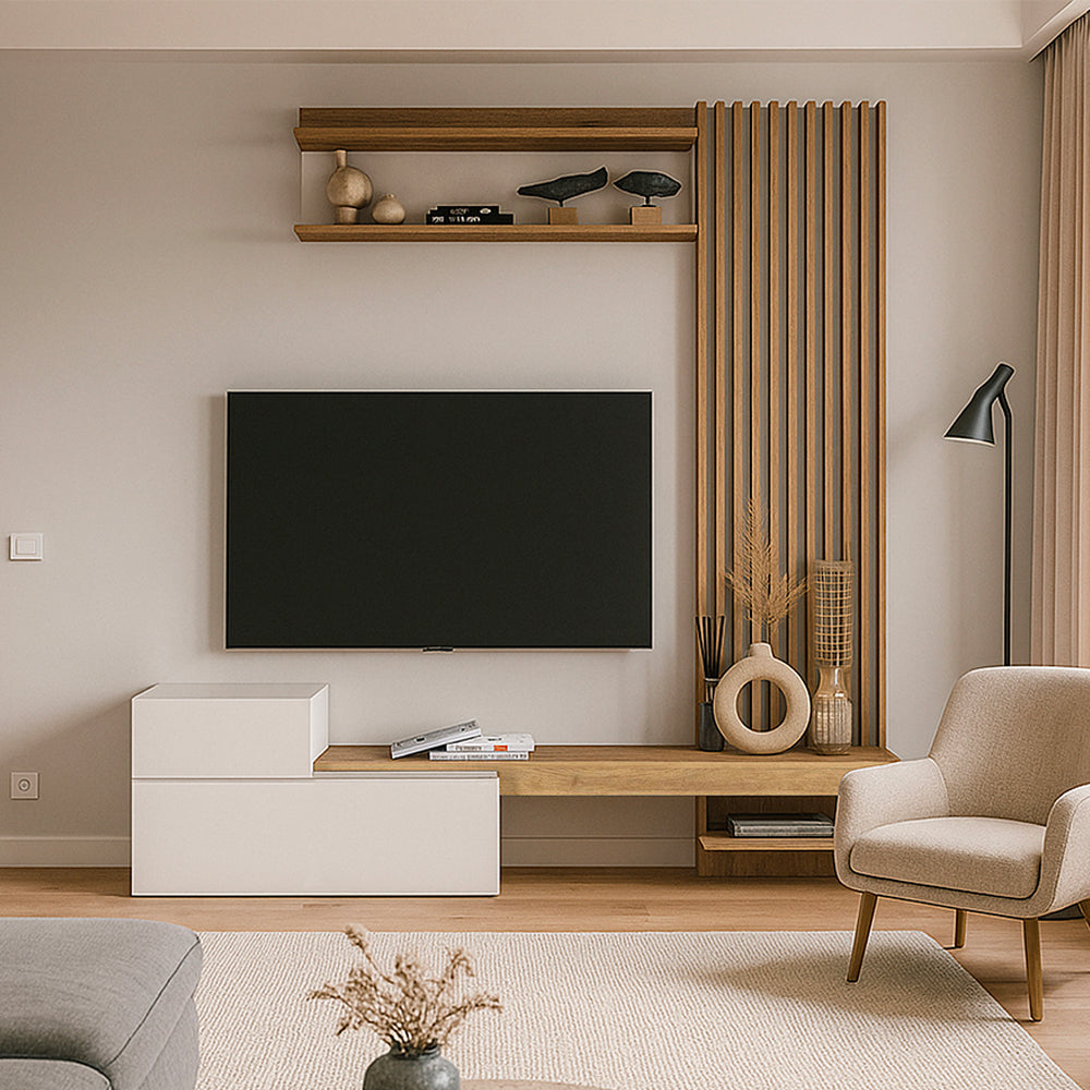 MUR ÉQUIPÉ DUMONT COULEUR BLANC ET CHÊNE AVEC 2 PORTES ABATTANTES ET ÉTAGÈRE
