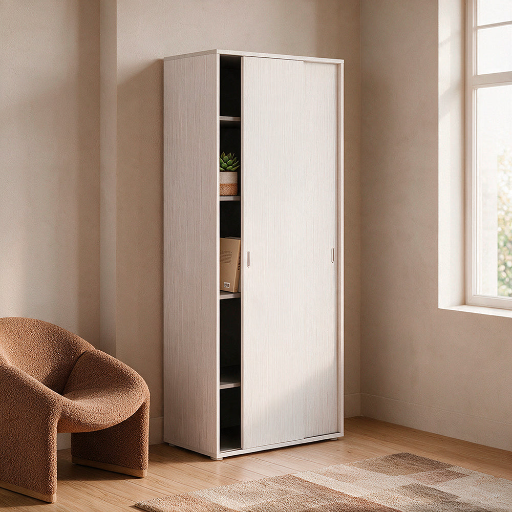 Armoire avec deux portes coulissantes et étagères couleur blanc frêne 90x212H cm
