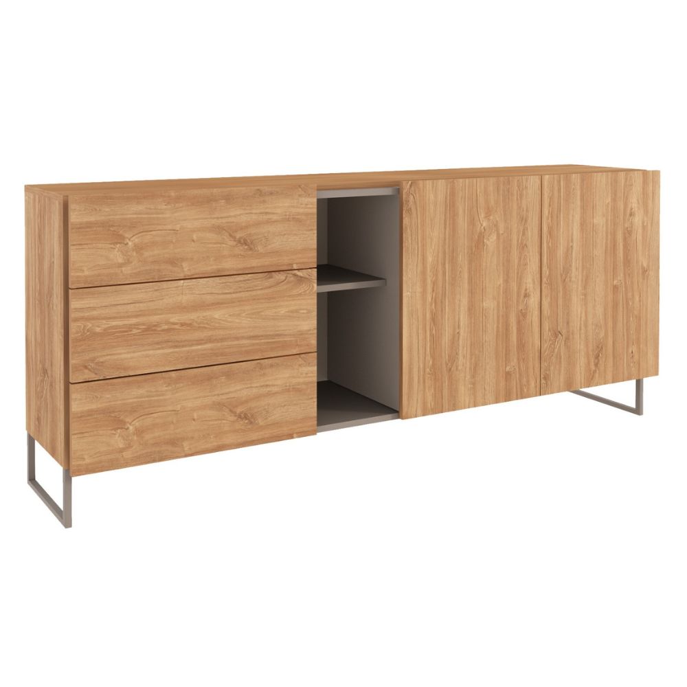 Buffet 1055 couleur chêne miel avec 3 tiroirs, 2 portes et une niche ouverte taupe 175x38x73.6H