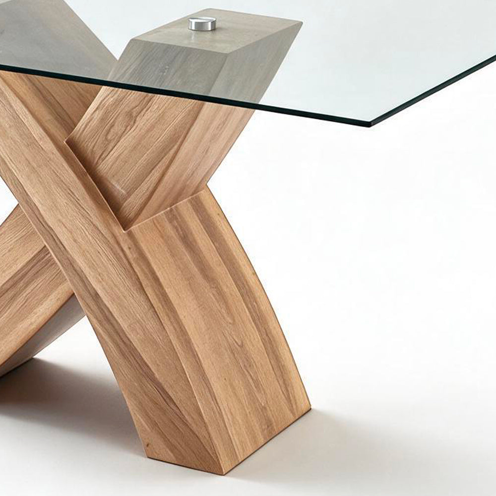 Tavolo fisso con piano in vetro e gambe incrociate effetto legno 150x90x76H Duncan