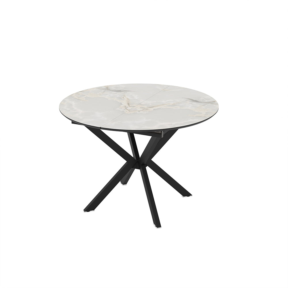 Tavolo rotondo allungabile effetto marmo bianco mola con gambe nere in metallo 110x110x76H Diano
