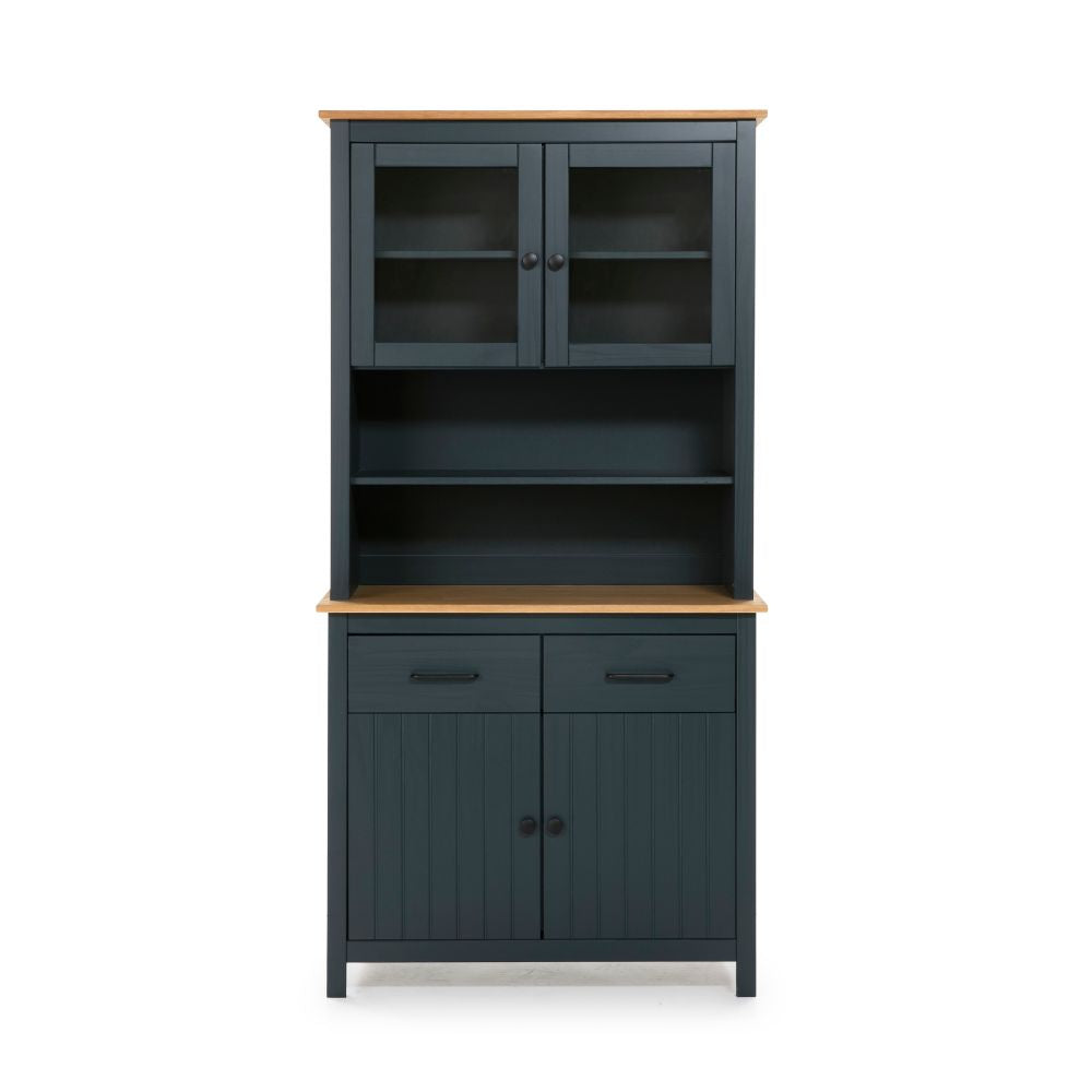 Credenza in legno massiccio con vetrina ante e cassetti colore blu e rovere 90x40x180H cm - Herti