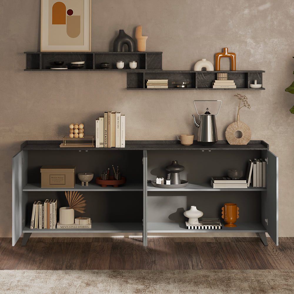 Buffet moderne à 4 portes 241x99H cm couleur ardoise plomb - Polan