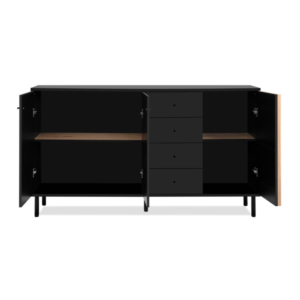 Madia con 3 ante e 4 cassetti colore nero con listelli rovere 160x90H cm - Bresso