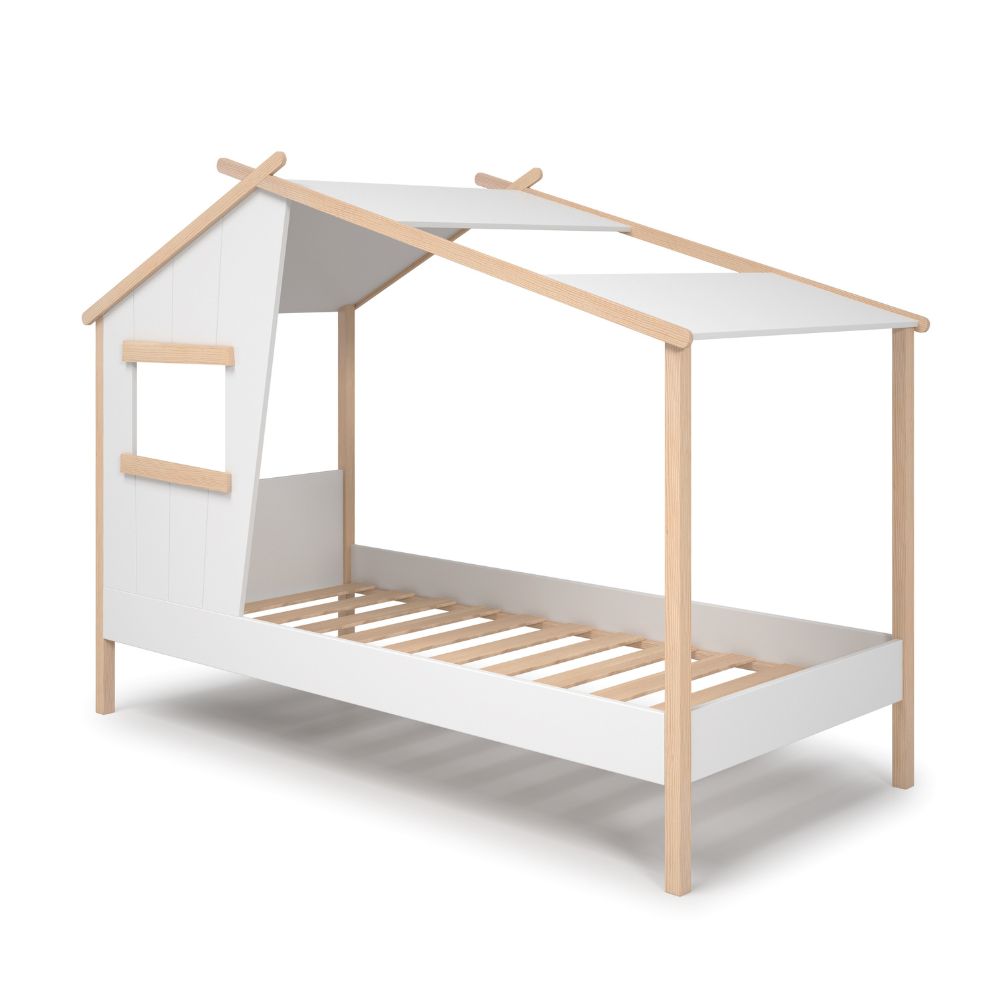 Letto singolo a forma di casetta in legno massiccio colore bianco - Nidin