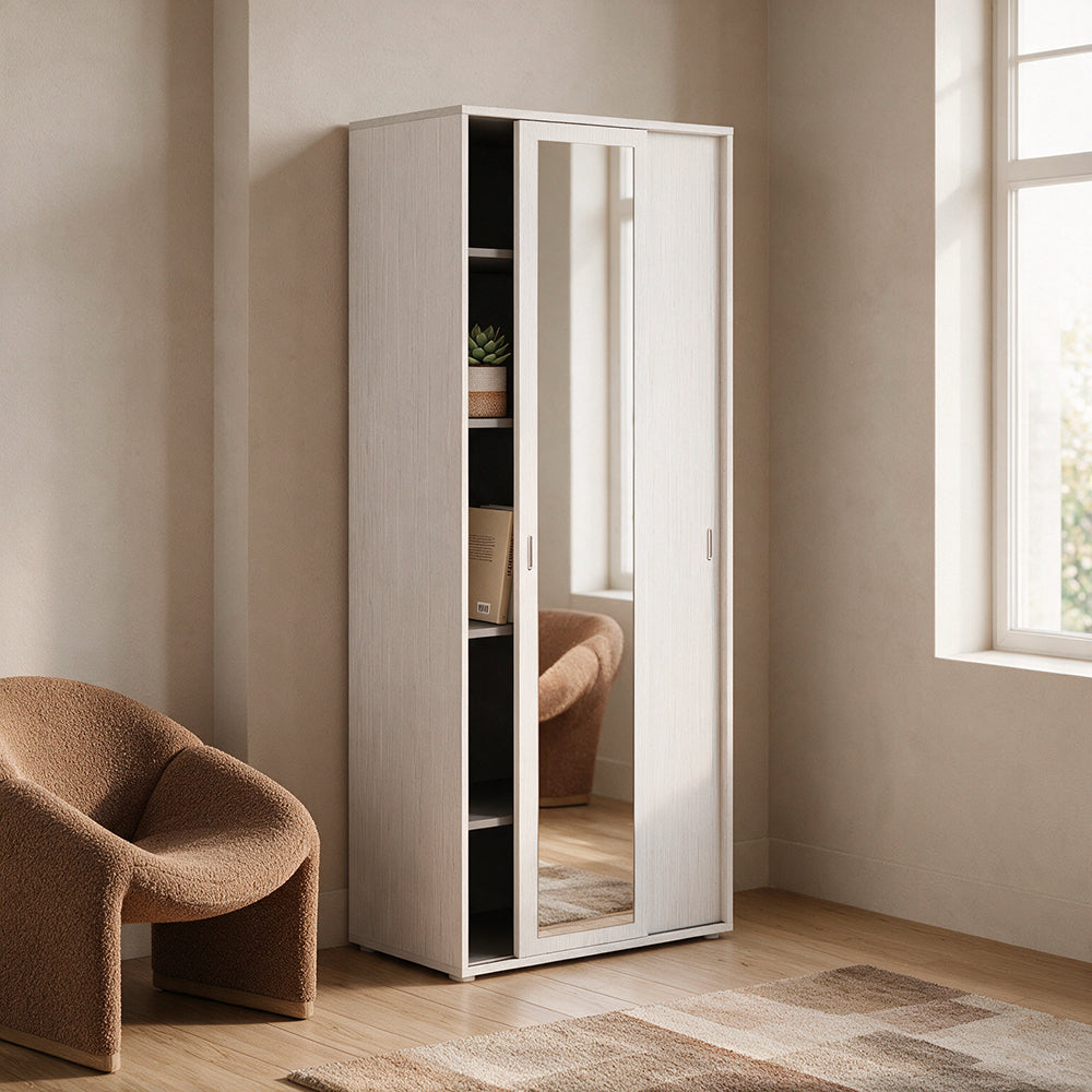 Armadio a due ante scorrevoli con specchio e ripiani colore bianco frassinato 90x212H cm