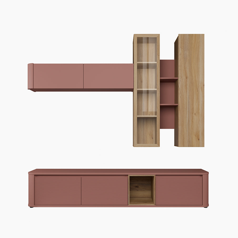 Parete attrezzata Core con porta Tv e pensili rovere e terracotta Core
