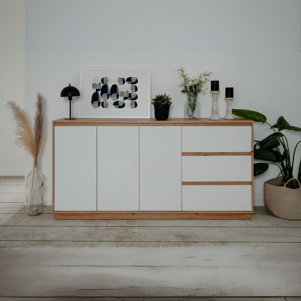 Credenza con 3 ante e 3 cassetti rovere e bianco 178x40x88H Phoenix 51A