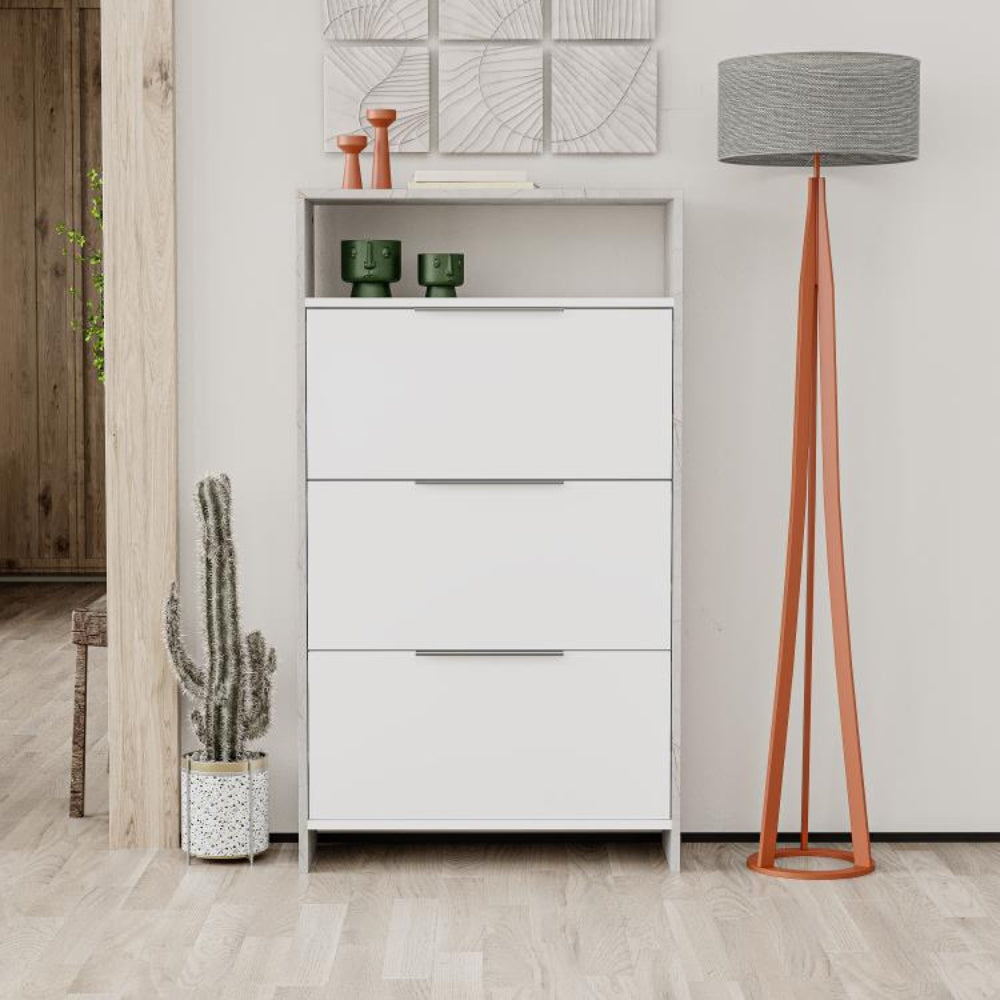 Schuhschrank 78x139,2h cm mit 3 Klapptüren in Weiß und Korpus in grauer Marmoroptik - Kaju