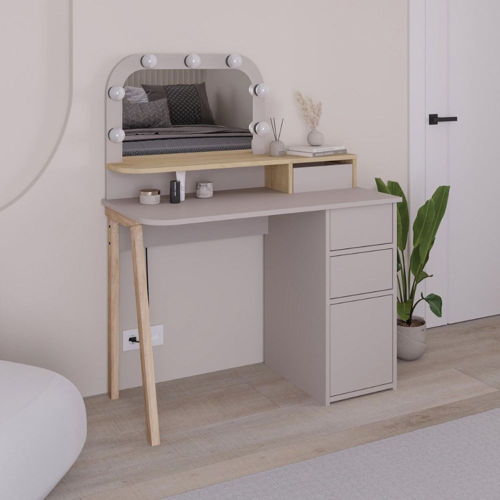 Toeletta da trucco tortora e rovere con specchio e luci LED 105x51.5x131H Avien