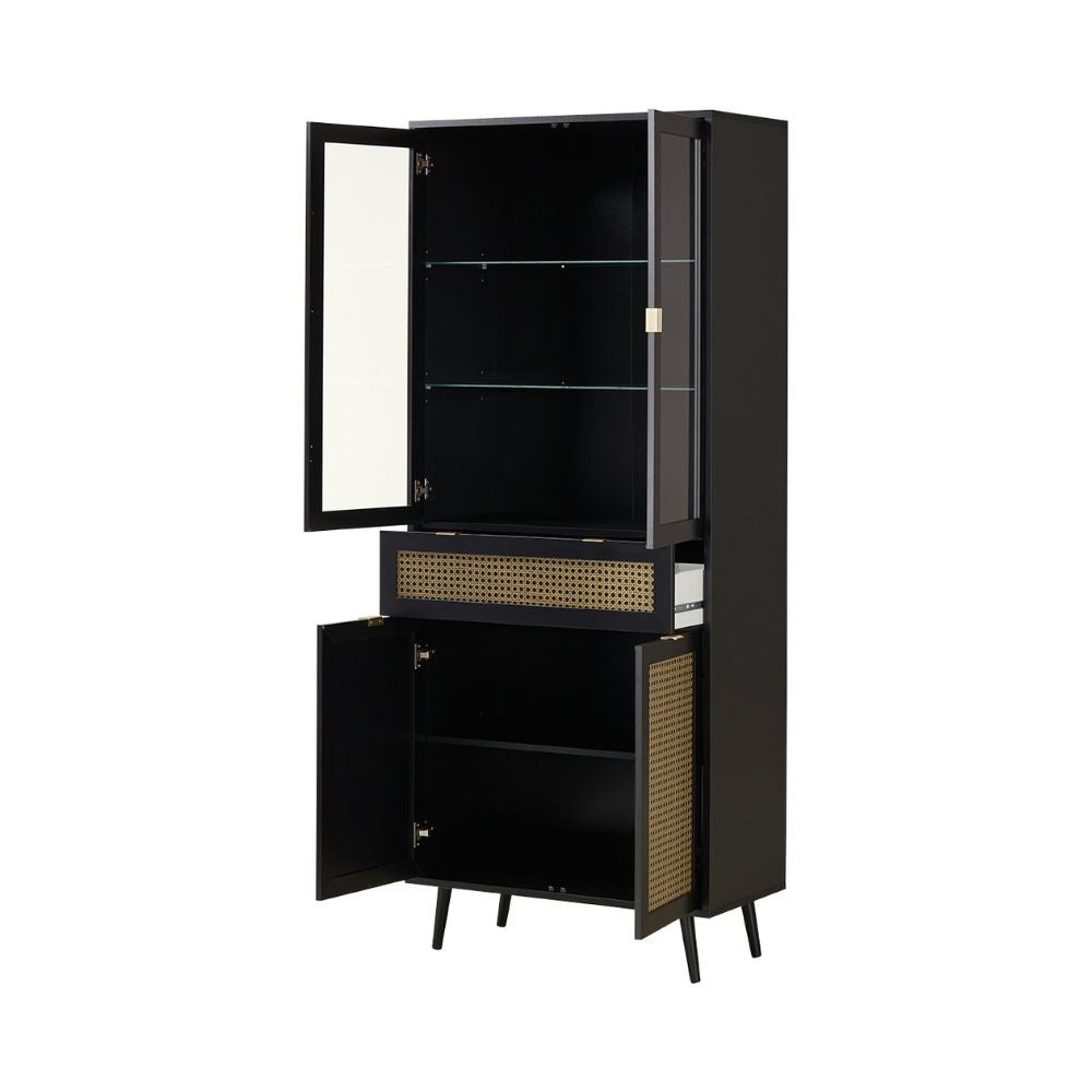 Vitrine 80x195h cm avec 4 portes et tiroir couleur noire avec façades effet cannage - Vienna52A