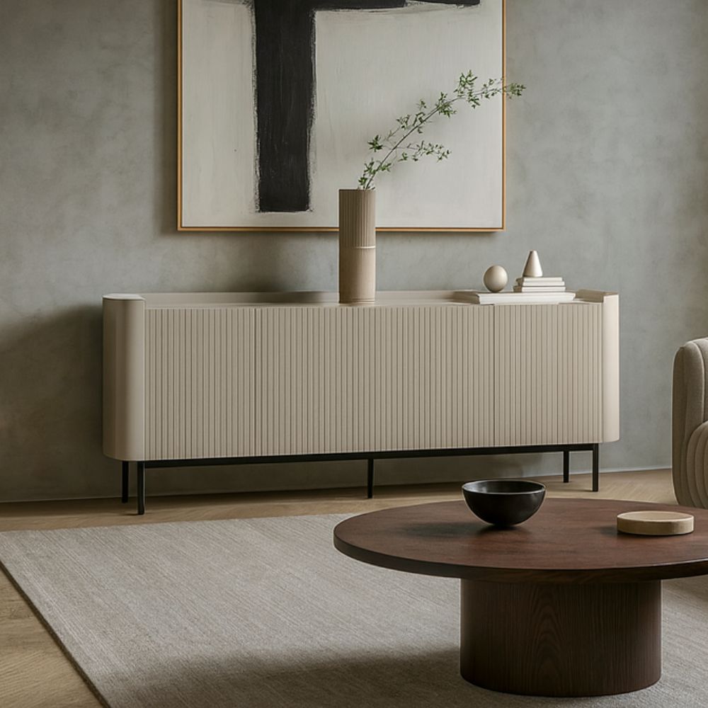 Credenza 4 ante effetto cannettato colore crema 200x40x80H Willa18924