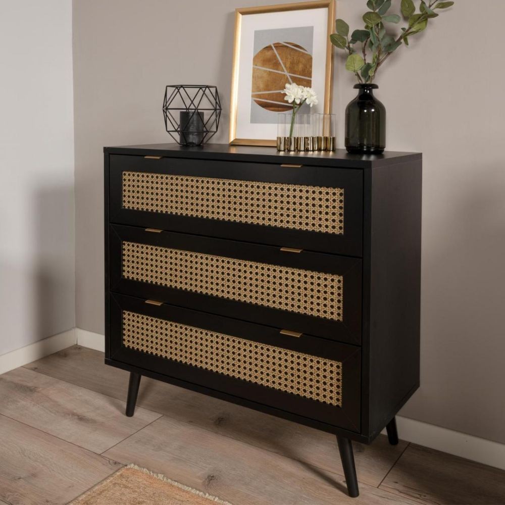 Cassettiera 80x80h cm con 3 cassetti colore nera con frontali vimini - Vienna03A