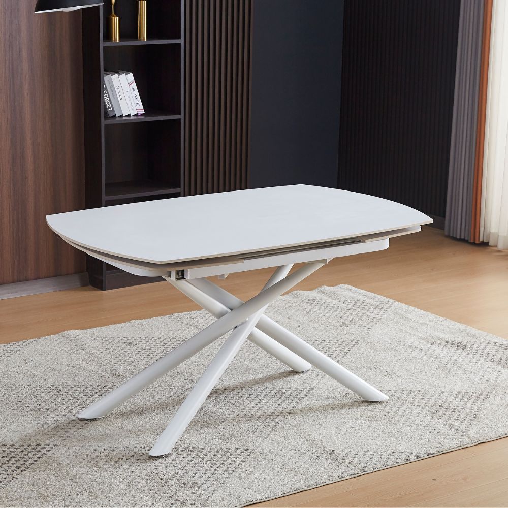 Tavolo girevole allungabile con piano in ceramica effetto marmo bianco opaco 140x90x76H cm - Denis