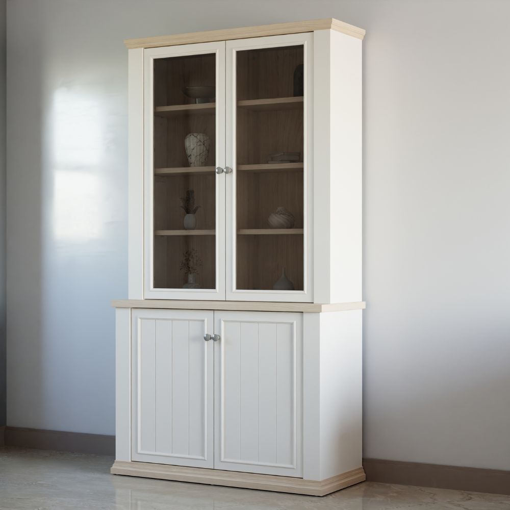 PNTV723-Q214 VITRINE WEISS / EICHE MIT 2 TÜREN
