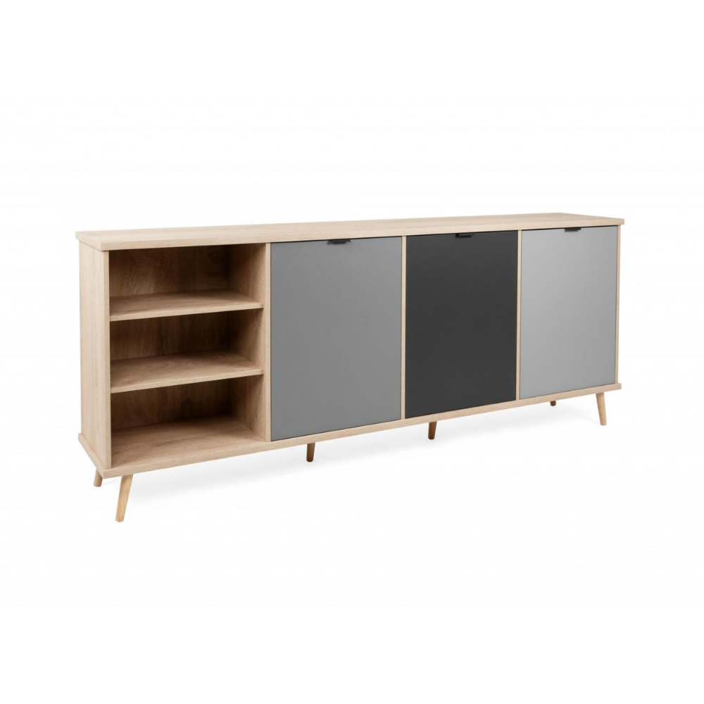 Madia in legno 209,6x88,3h cm con tre ante e vano a giorno colore rovere, antracite e grigio - Epik 56