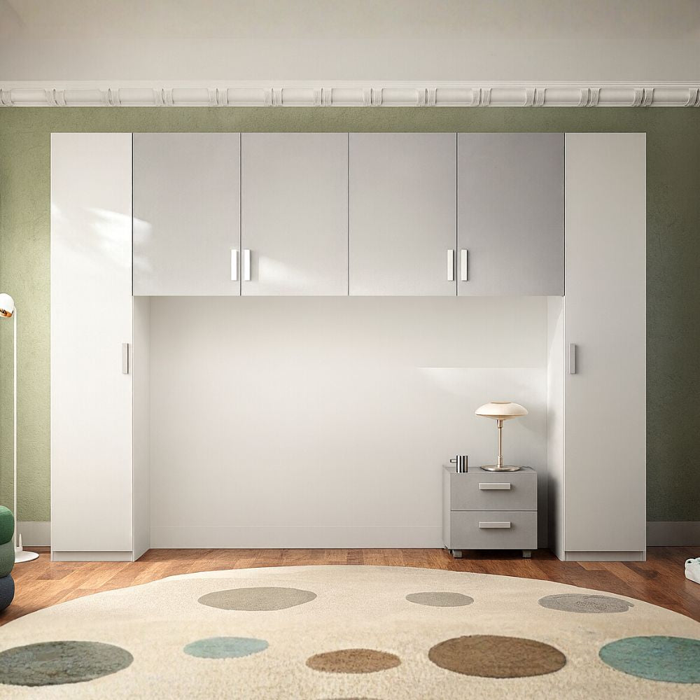 Armadio ponte 6 ante con comodino bianco opaco e gesso 333x55x240 Granada