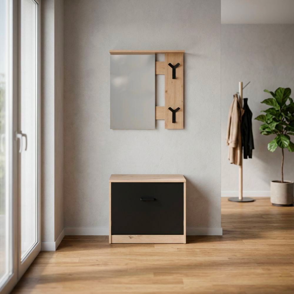Mobile ingresso con specchio, appendiabiti e scarpiera colore rovere e nero Limone41A