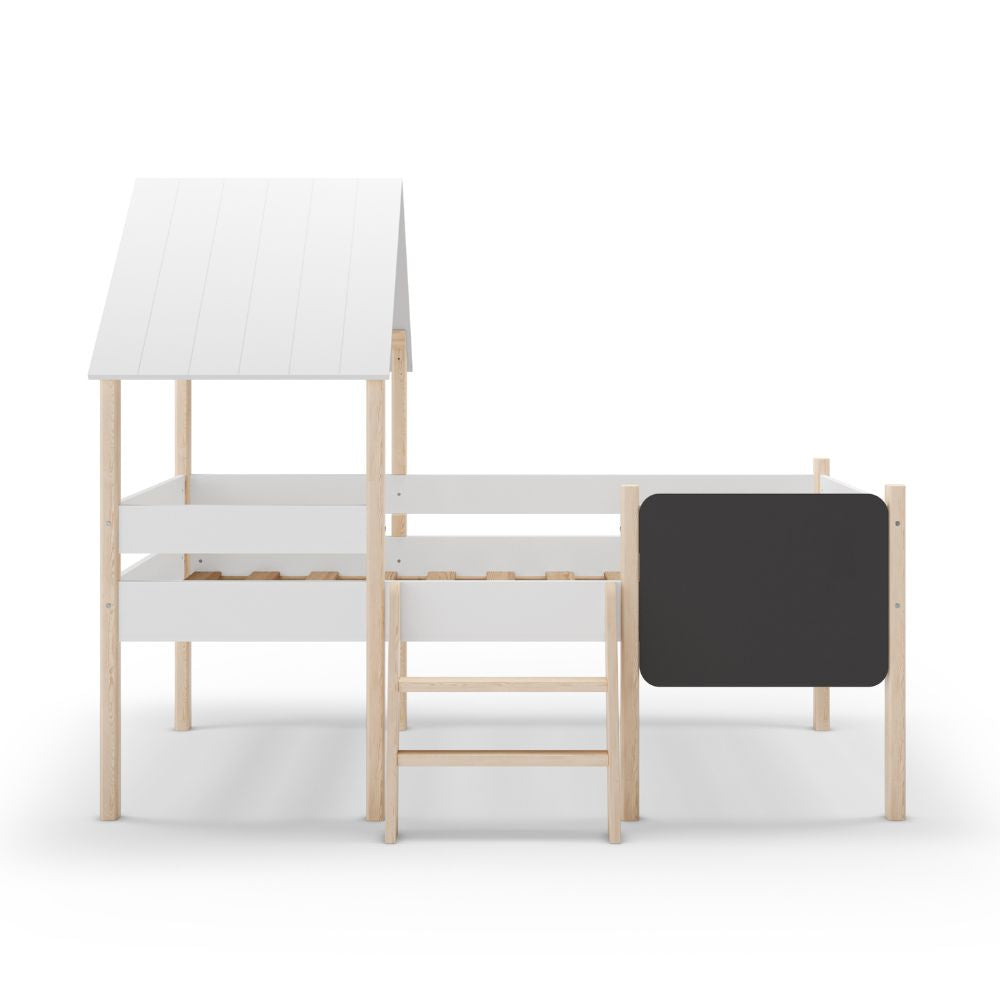 Letto singolo rialzato a forma di casetta in legno massiccio colore bianco e pino - Minty