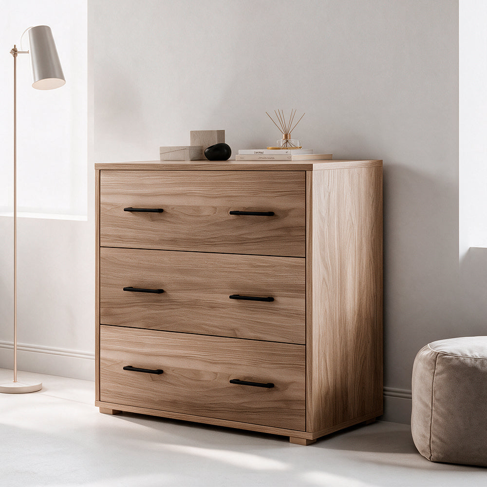 Commode 3 tiroirs coloris noyer naturel 91x45x81H cm