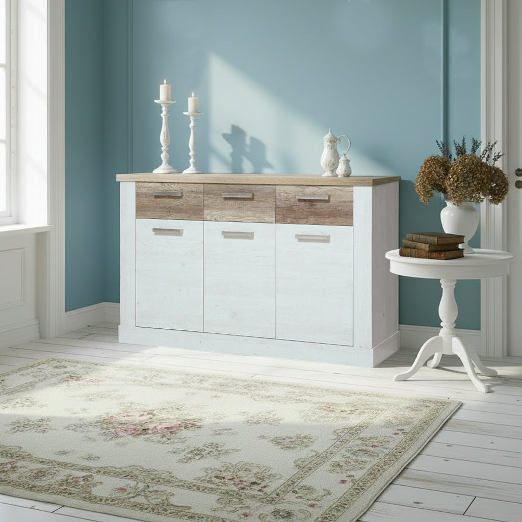 Madia 3 ante e 3 cassetti 213 cm pino bianco con top rovere antico Flux