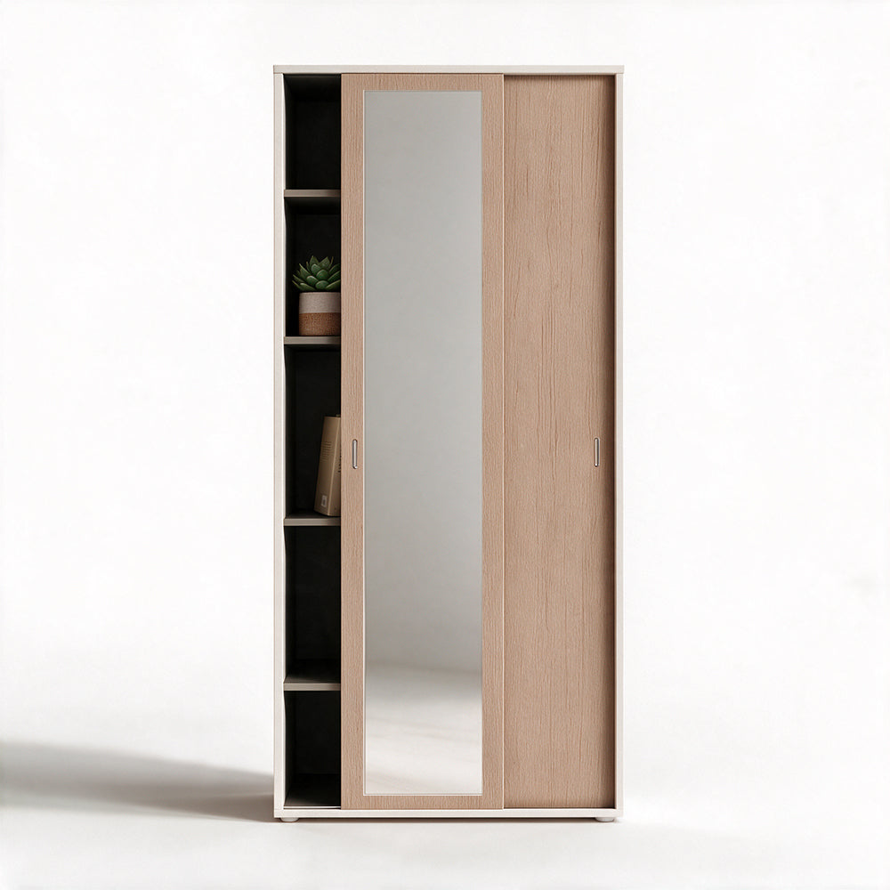 Zweitüriger Schiebetürenschrank mit Spiegel und Einlegeböden, Esche weiß und Ulme, 90x212H cm