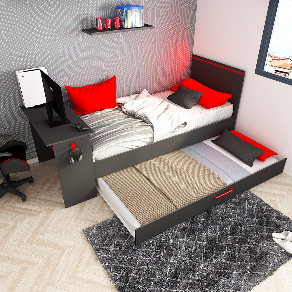 Kinderzimmer mit ausziehbarem Einzelbett und integriertem Schreibtisch in Anthrazit und Rot, umbaubar