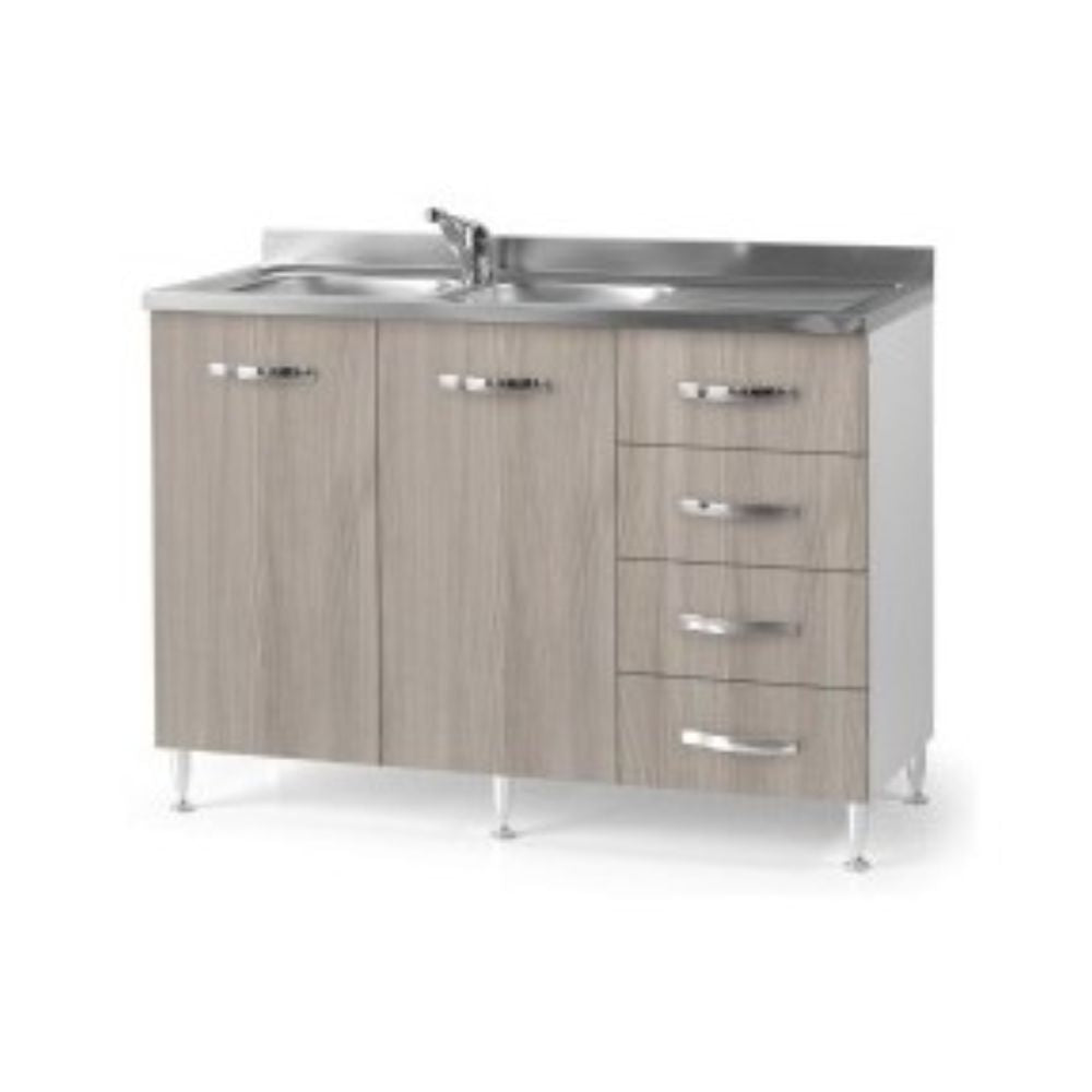 Spülenschrank mit rechter Schubladeneinheit und Waschbecken in Ulmenfarbe, 120 cm
