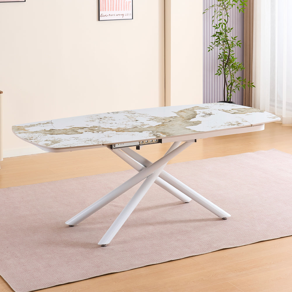 Tavolo allungabile girevole piano ceramica effetto marmo arabesque bianco lucido 140x90x76H Astrid