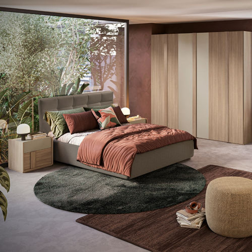 Chambre complète avec lit coffre et armoire 6 portes battantes coloris noyer et talc - Faba